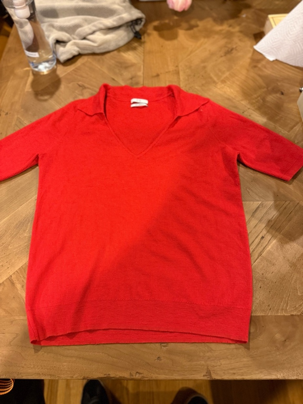 CO Bright Red V-Neck Short Sleeve 100% Cashmere Sweater
